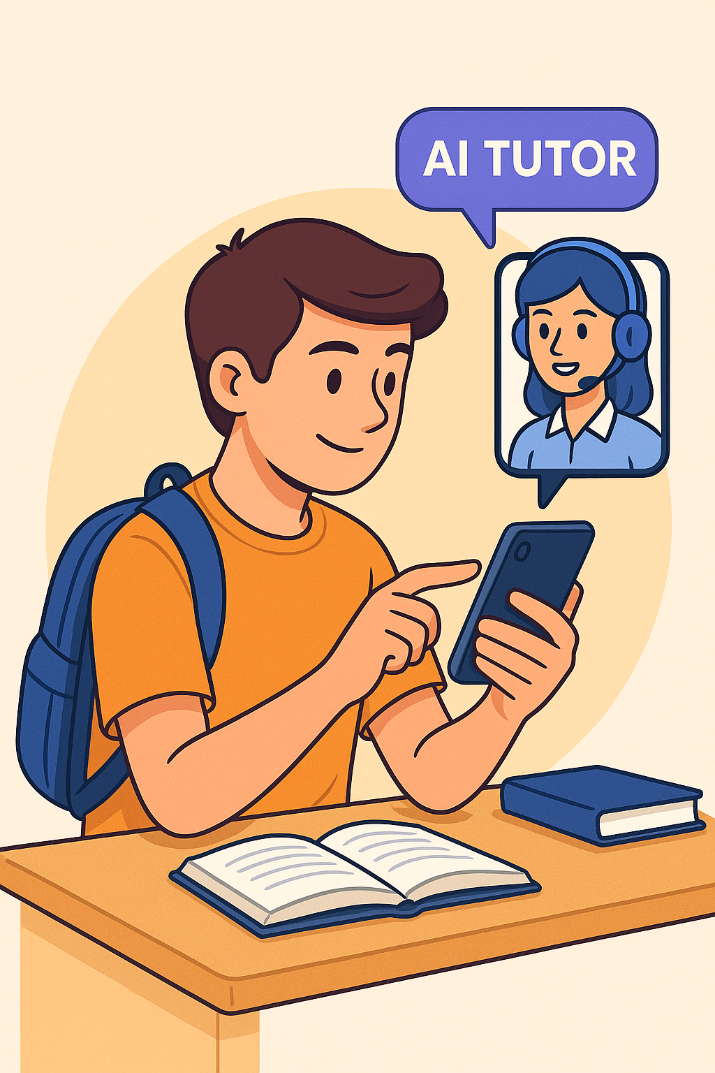 Illustration of a student using an AI Tutor on a smartphone